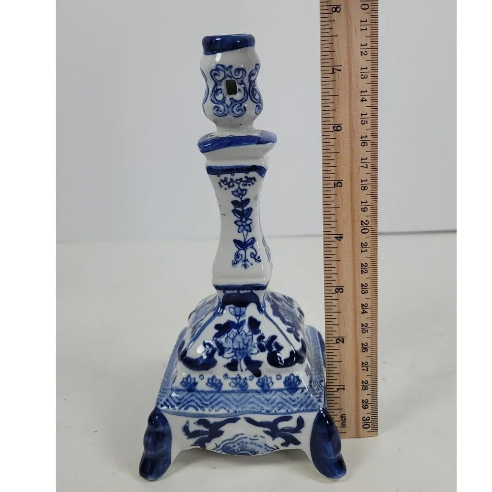 Blue White Porcelain Candlestick holders Continental Pair Chinoiserie Floral 8In